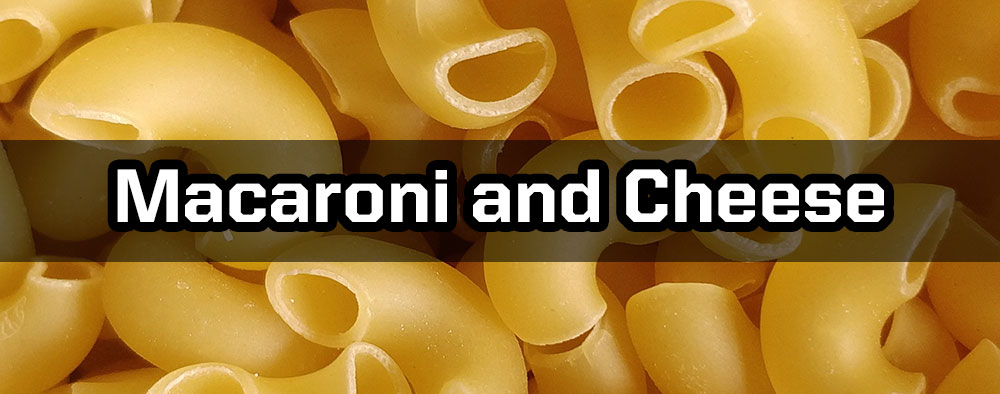 Elbow Macaroni with the words Macaroni and Cheese written over the image