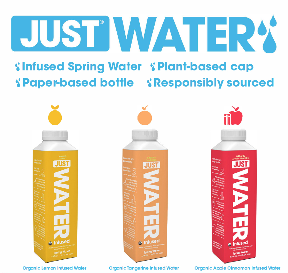JUST Water - Infused Spring Water, Plant based cap, Paper-based bottle, Responsibly sourced - available in Organic Lemon Infused, Organic Tangerine infused and Organic Apple Cinnamon Infused flavors